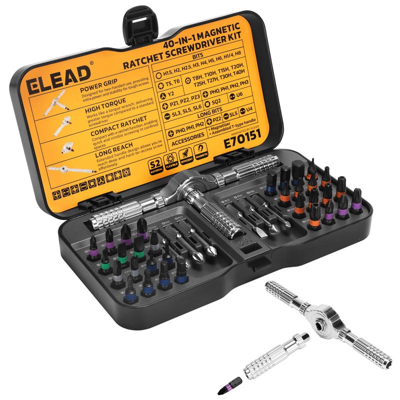 ELEAD 40 in 1 Magnetic Ratchet Screwdriver Set  Multi Bit Magnetic Ratcheting Screwdriver Set with Detachable Ratchet Handle  Repair Tool Kit for Computer Bicycle Furniture DIY - Image 1